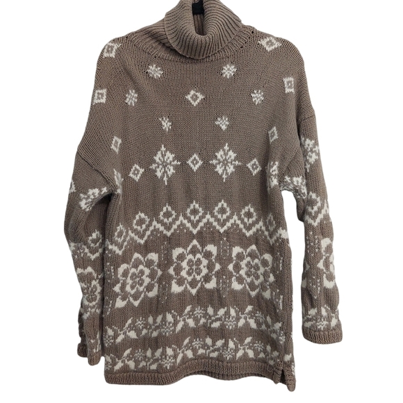 Handknitted C. Internationale Express Tunic Sweater Sz M Taupe Snowflakes Heavy. - Picture 1 of 9